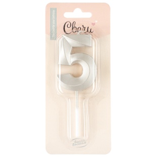 Свеча Цифра, 5 Грани, на шпажке, Жемчужный, Перламутр, 3,5*6,5 + 3,5 см, 1 шт. с держат.