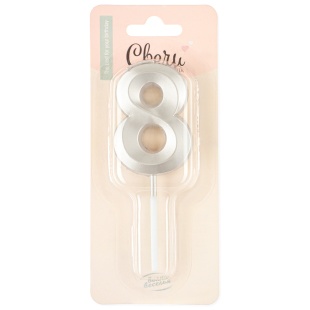 Свеча Цифра, 8 Грани, на шпажке, Жемчужный, Перламутр, 3,5*6,5 + 3,5 см, 1 шт. с держат.