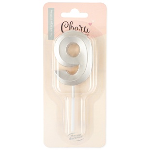 Свеча Цифра, 9 Грани, на шпажке, Жемчужный, Перламутр, 3,5*6,5 + 3,5 см, 1 шт. с держат.