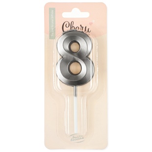 Свеча Цифра, 8 Грани, на шпажке, Мокрый асфальт, Металлик, 3,5*6,5 + 3,5 см, 1 шт. с держат.