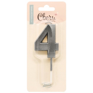 Свеча Цифра, 4 Грани, на шпажке, Мокрый асфальт, Металлик, 3,5*6,5 + 3,5 см, 1 шт. с держат.