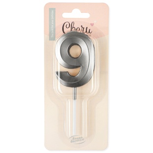 Свеча Цифра, 9 Грани, на шпажке, Мокрый асфальт, Металлик, 3,5*6,5 + 3,5 см, 1 шт. с держат.